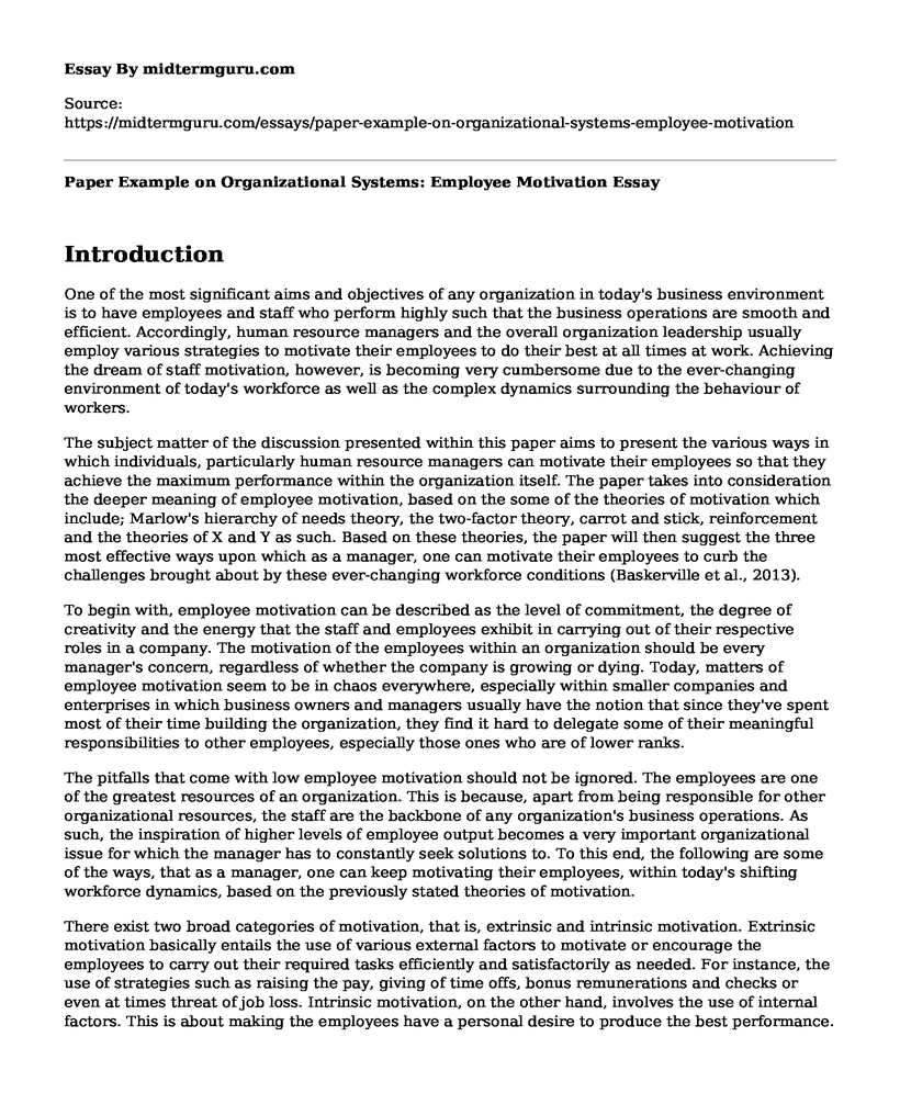 Paper Example on Organizational Systems: Employee Motivation