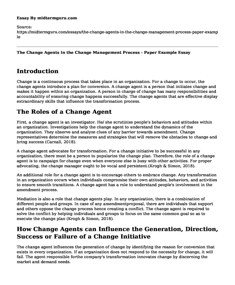 The Change Agents in the Change Management Process - Paper Example