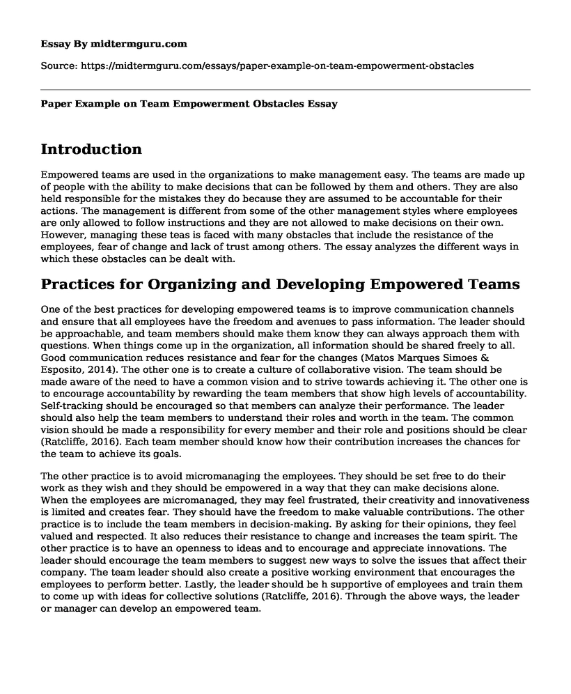 Paper Example on Team Empowerment Obstacles