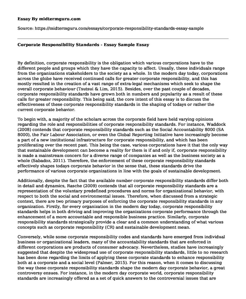 Corporate Responsibility Standards - Essay Sample
