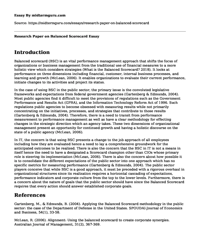 Research Paper on Balanced Scorecard