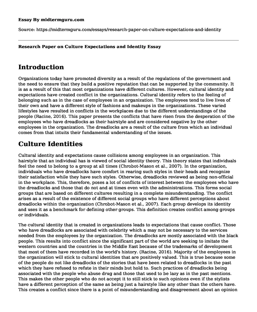 Research Paper on Culture Expectations and Identity