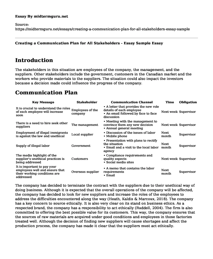 Creating a Communication Plan for All Stakeholders - Essay Sample