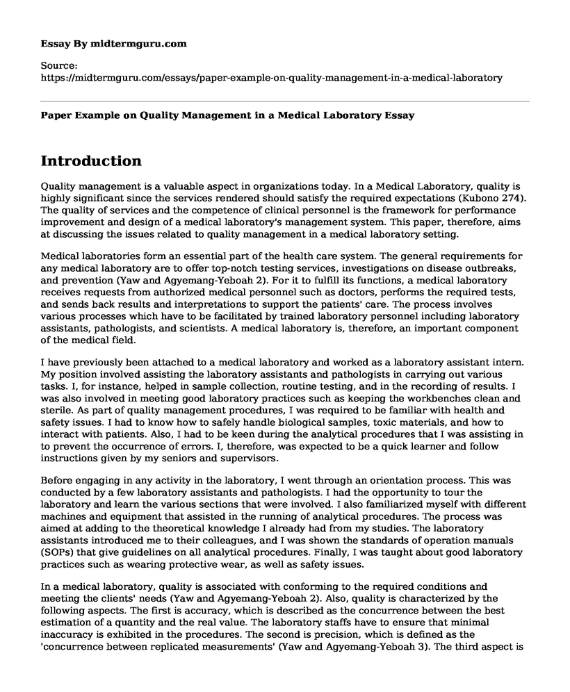 Paper Example on Quality Management in a Medical Laboratory