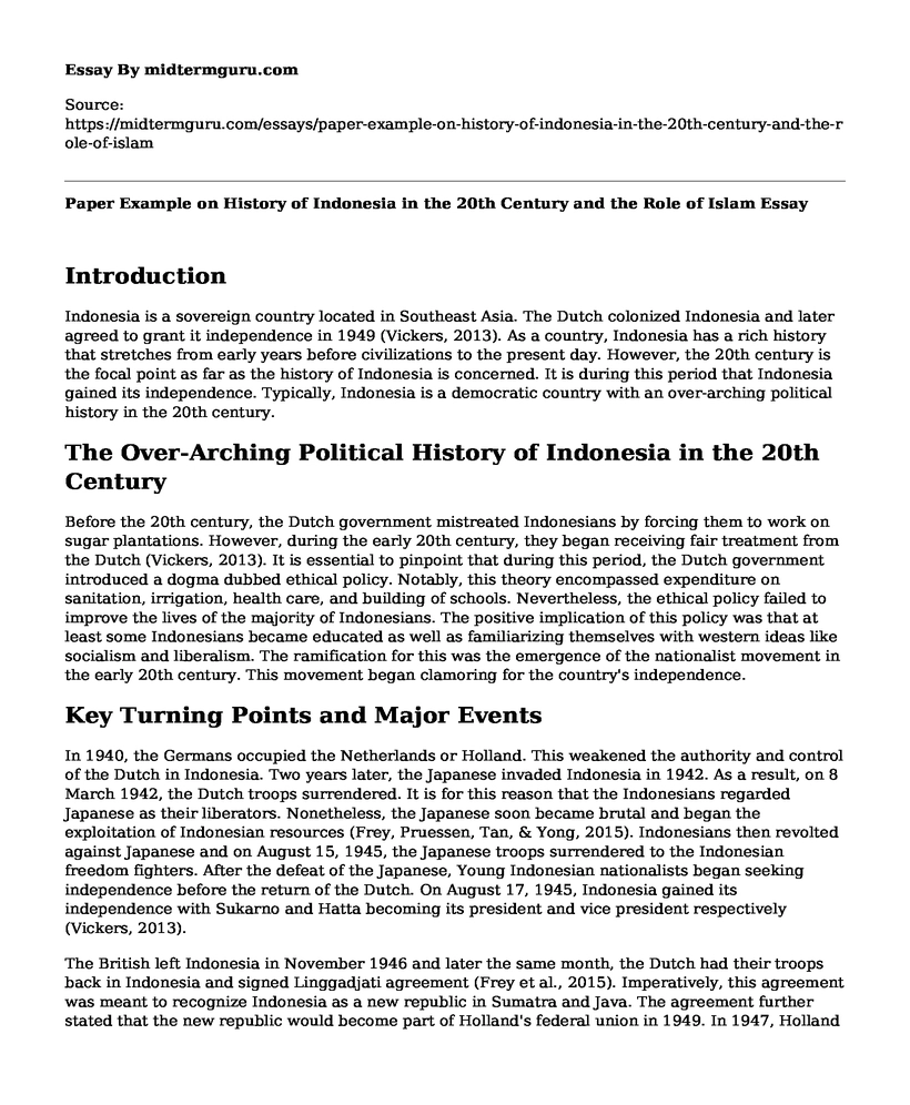 Paper Example on History of Indonesia in the 20th Century and the Role of Islam