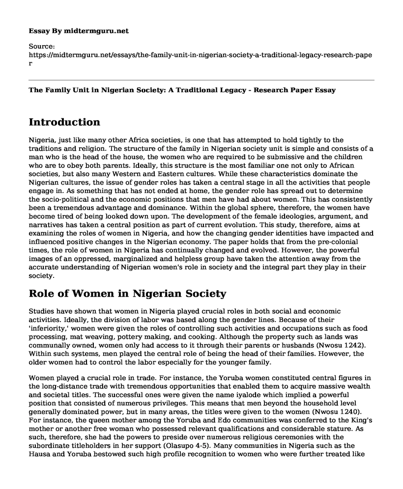 The Family Unit in Nigerian Society: A Traditional Legacy - Research Paper