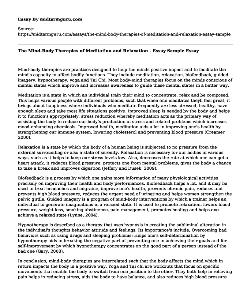 The Mind-Body Therapies of Meditation and Relaxation - Essay Sample