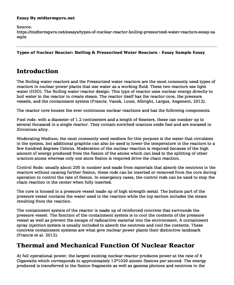 Types of Nuclear Reactor: Boiling & Pressurized Water Reactors - Essay Sample