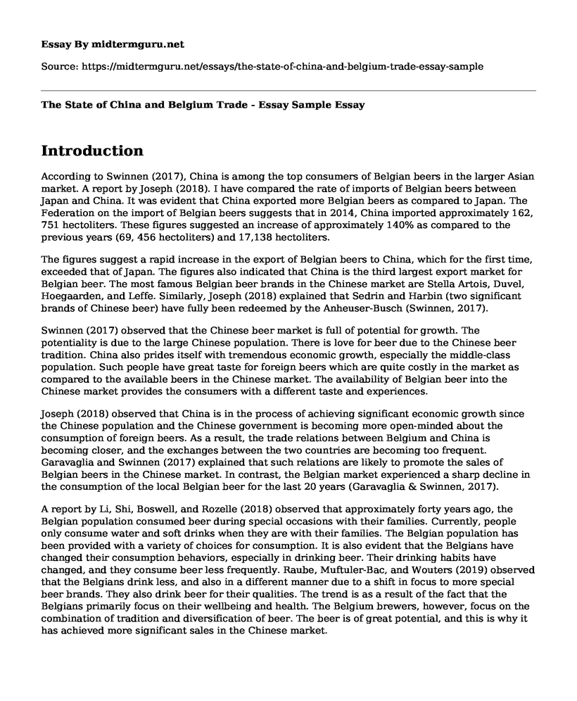The State of China and Belgium Trade - Essay Sample