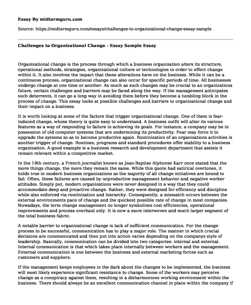 Challenges to Organizational Change - Essay Sample