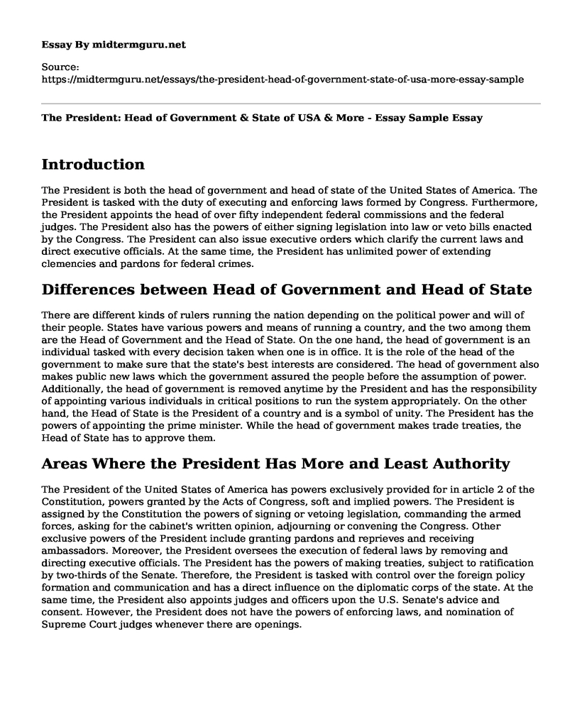 The President: Head of Government & State of USA & More - Essay Sample