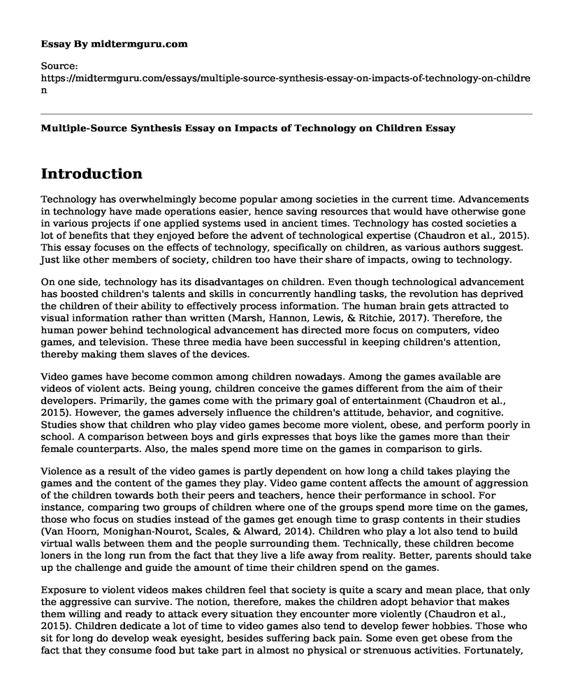 Multiple-Source Synthesis Essay on Impacts of Technology on Children
